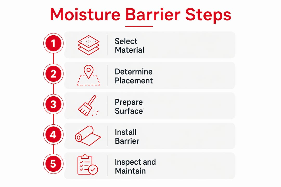 Infographic showing steps for shed moisture barrier installation
