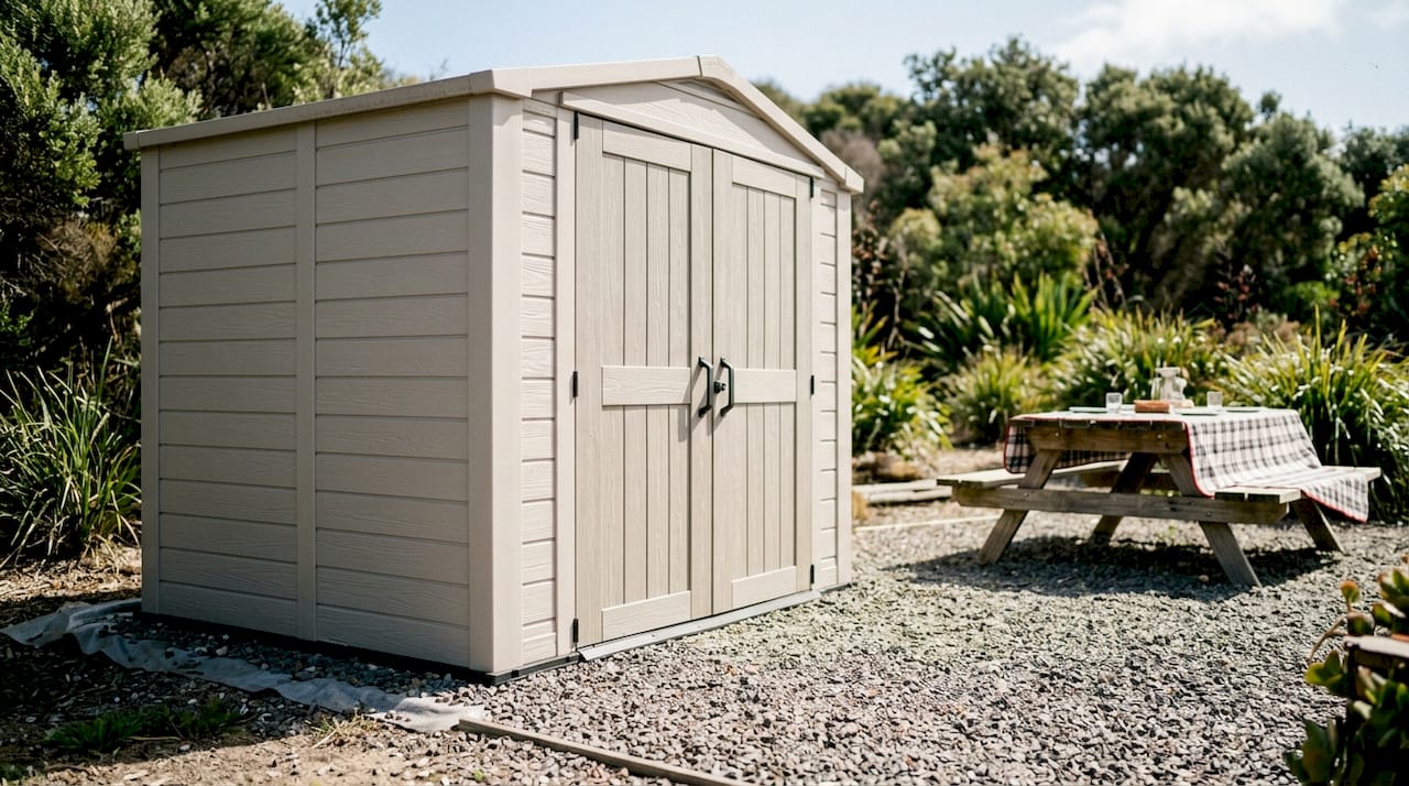 Keter shed with coastal moisture barrier in sunny backyard