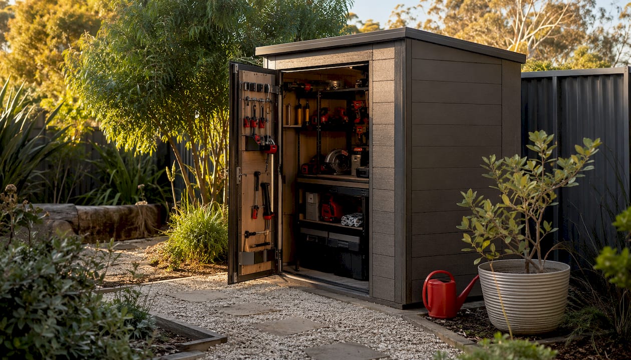 Outdoor Keter resin tool shed with power tools