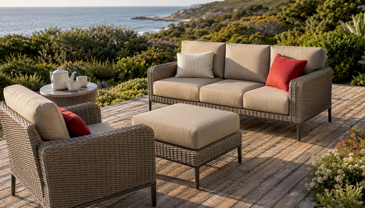 Keter resin wicker lounge set on coastal patio