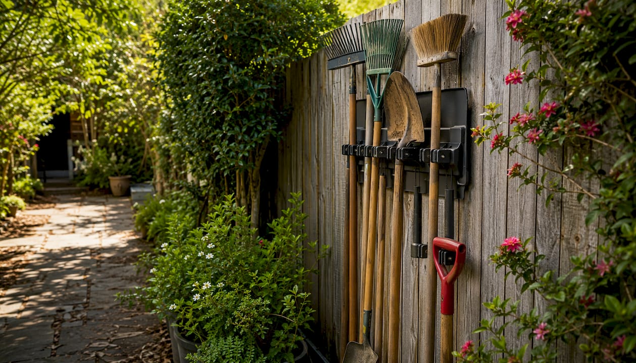 Keter vertical tool rack with garden tools