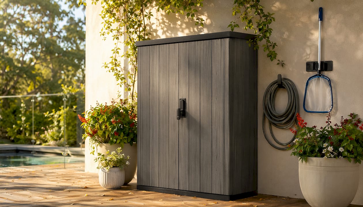 Tall Keter resin poolside storage cabinet with pool tools