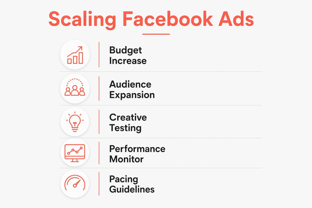 Infographic showing steps to scale Facebook ads profitably