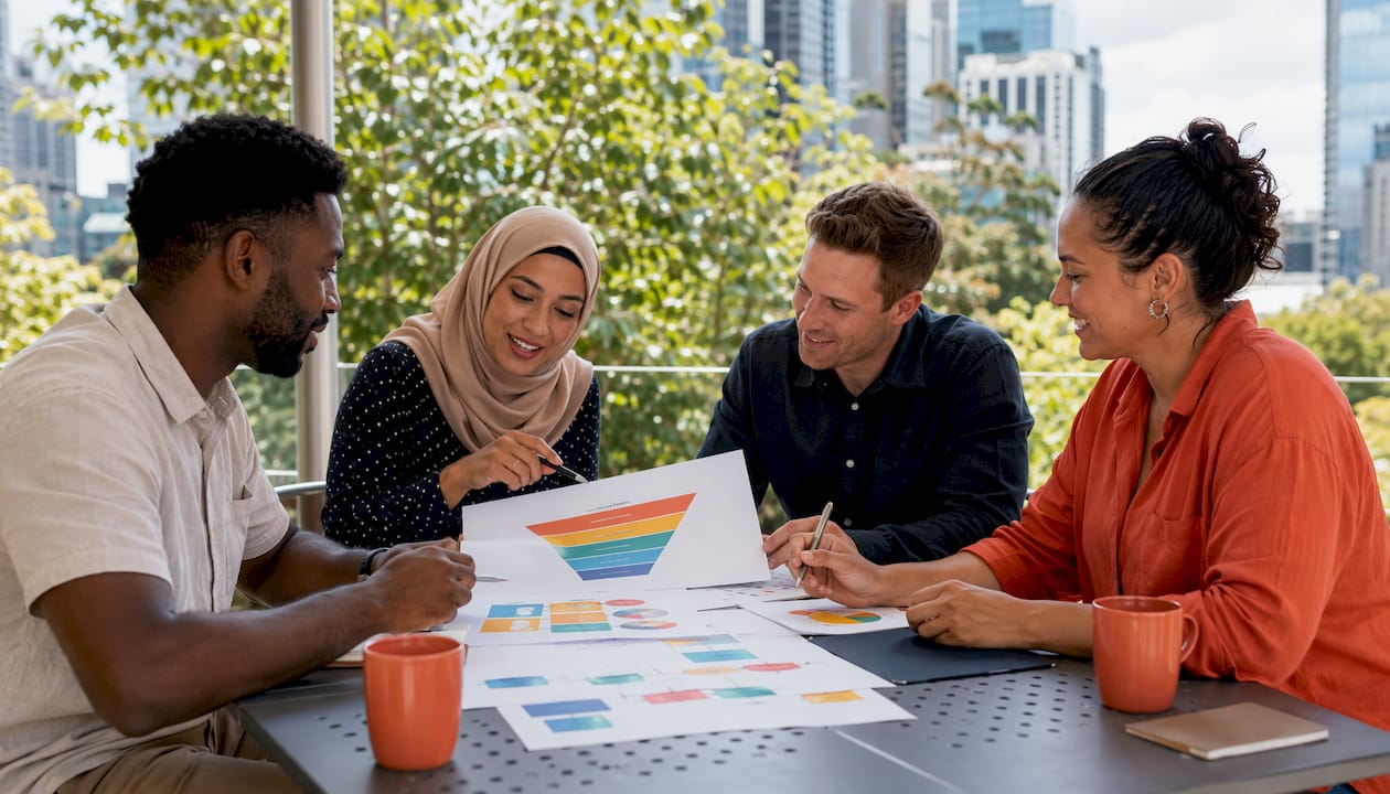 Team reviewing ecommerce funnel charts in meeting room