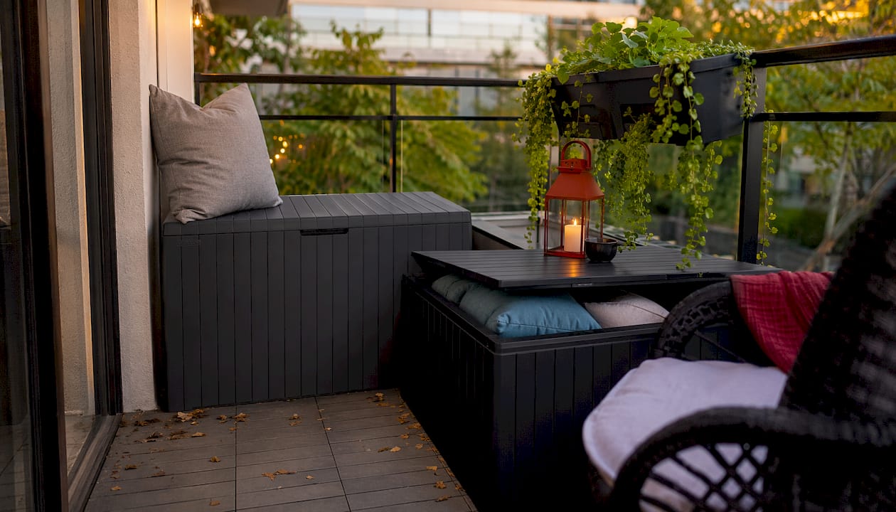 Keter storage bench and coffee table on balcony