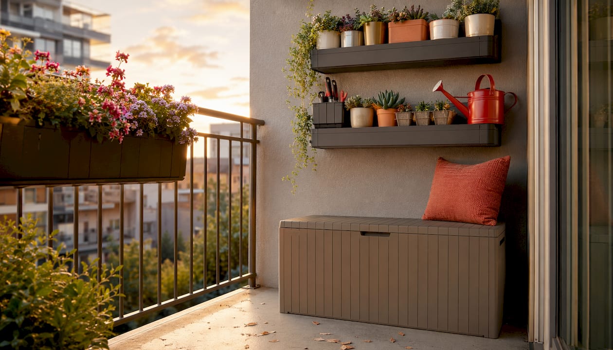 Balcony with Keter vertical storage shelves