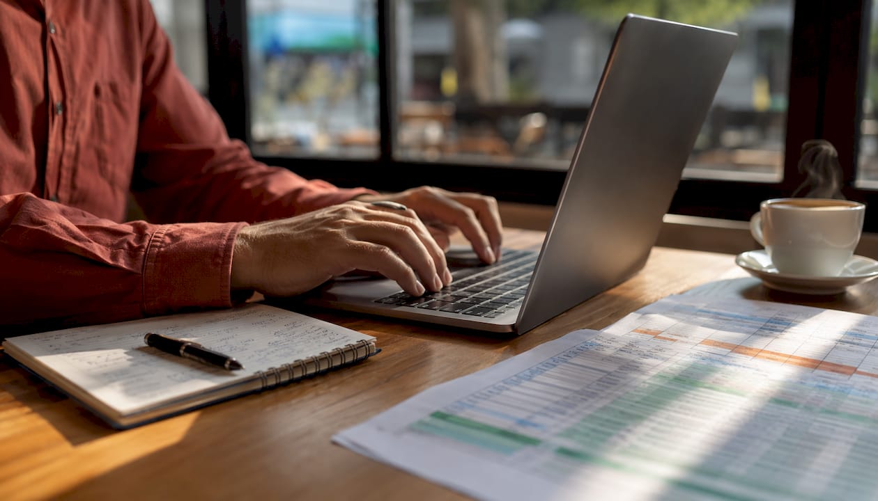 Hands typing on laptop with ecommerce financial data