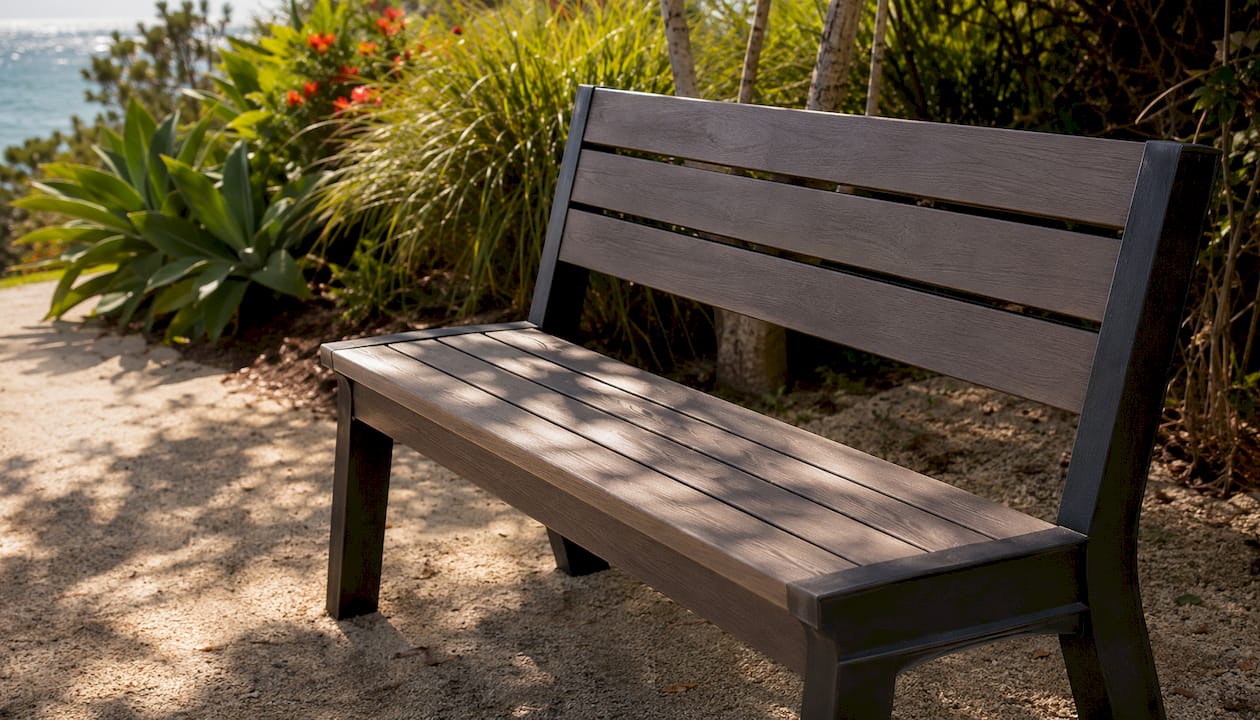 Keter timber-style resin bench on Australian patio
