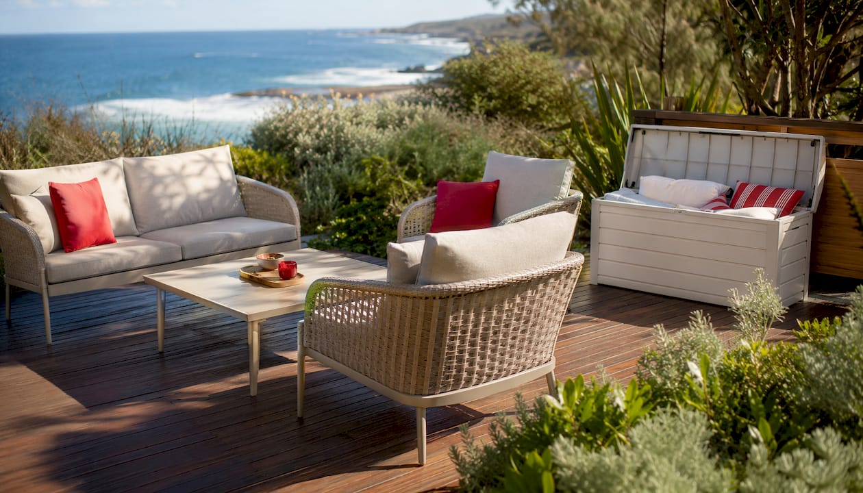 Keter aluminium frame lounge set in coastal setting