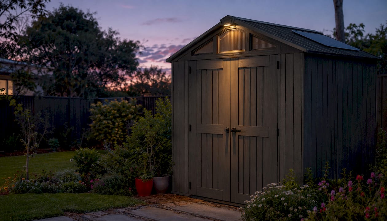 Keter shed corner with motion sensor light at dusk