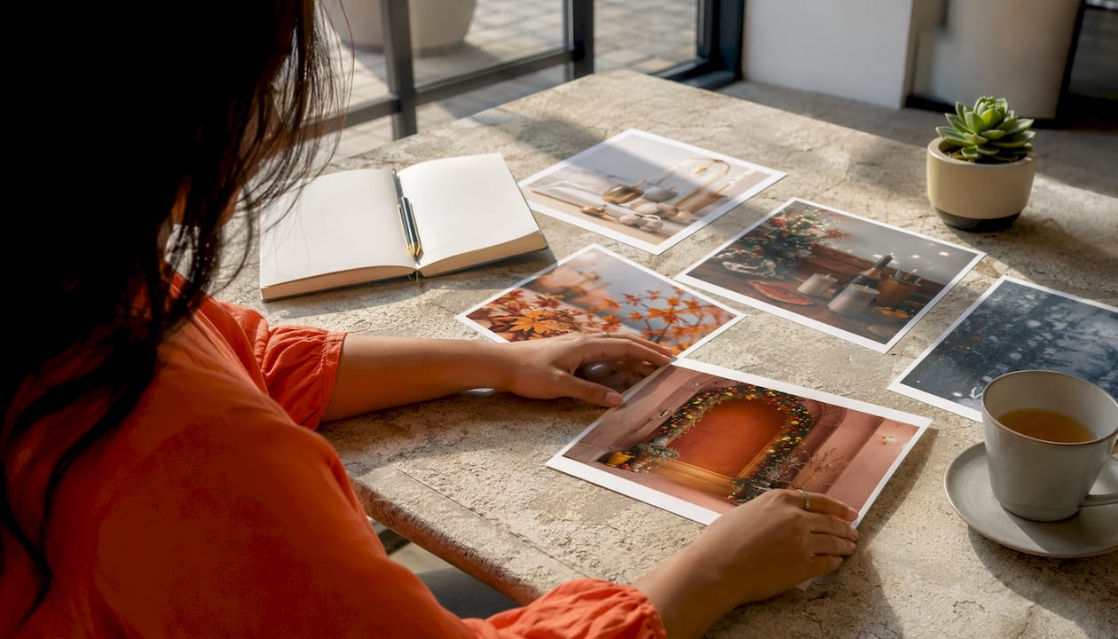 Hands reviewing seasonal ad creatives on table