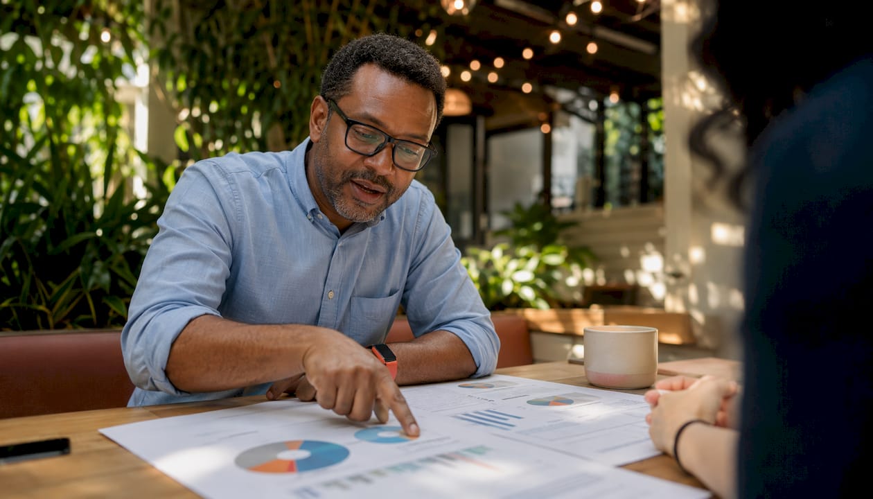 Marketer analyzing seasonal conversion data in office