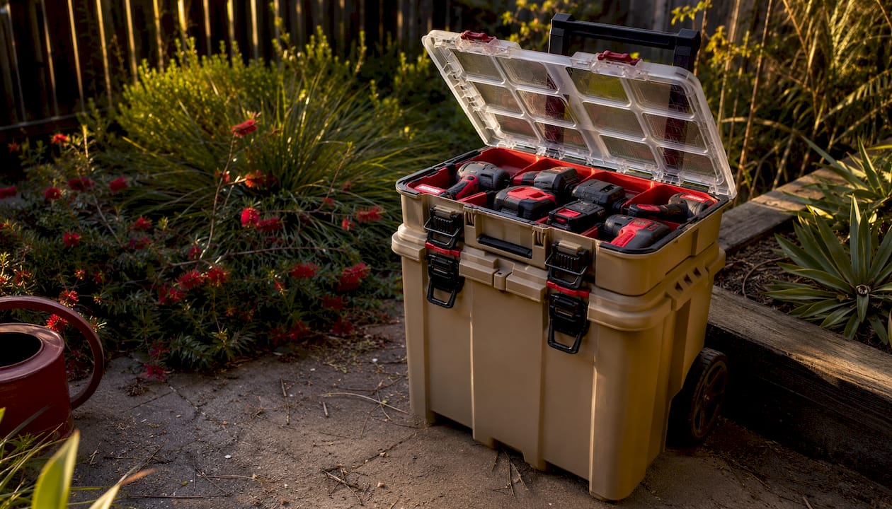 Keter weather-resistant resin storage box in backyard
