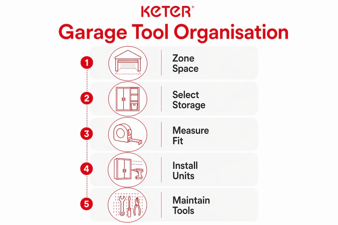Infographic illustrating garage power tool organisation steps