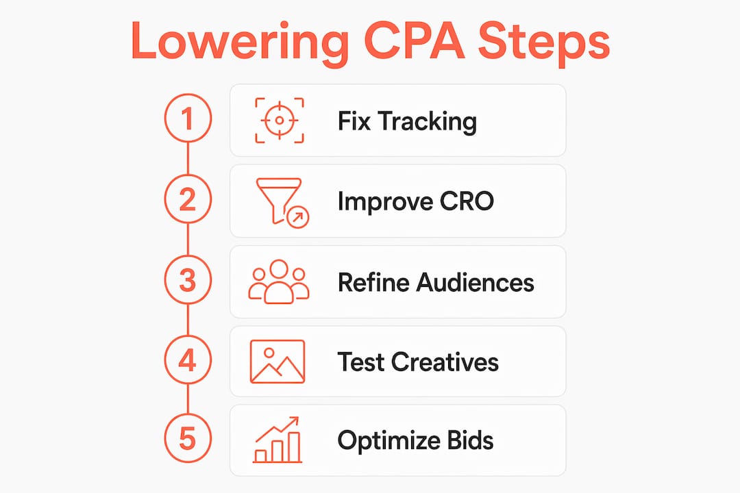 Infographic illustrating steps to lower CPA in digital ads