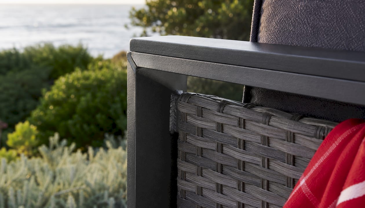 Close up of Keter aluminium frame and resin wicker weave
