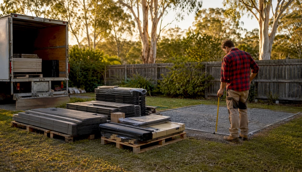 Keter Stronghold shed kit delivery on prepared Australian backyard site