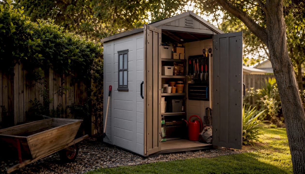 Open Keter Manor 4x6 shed with organized garden tools inside