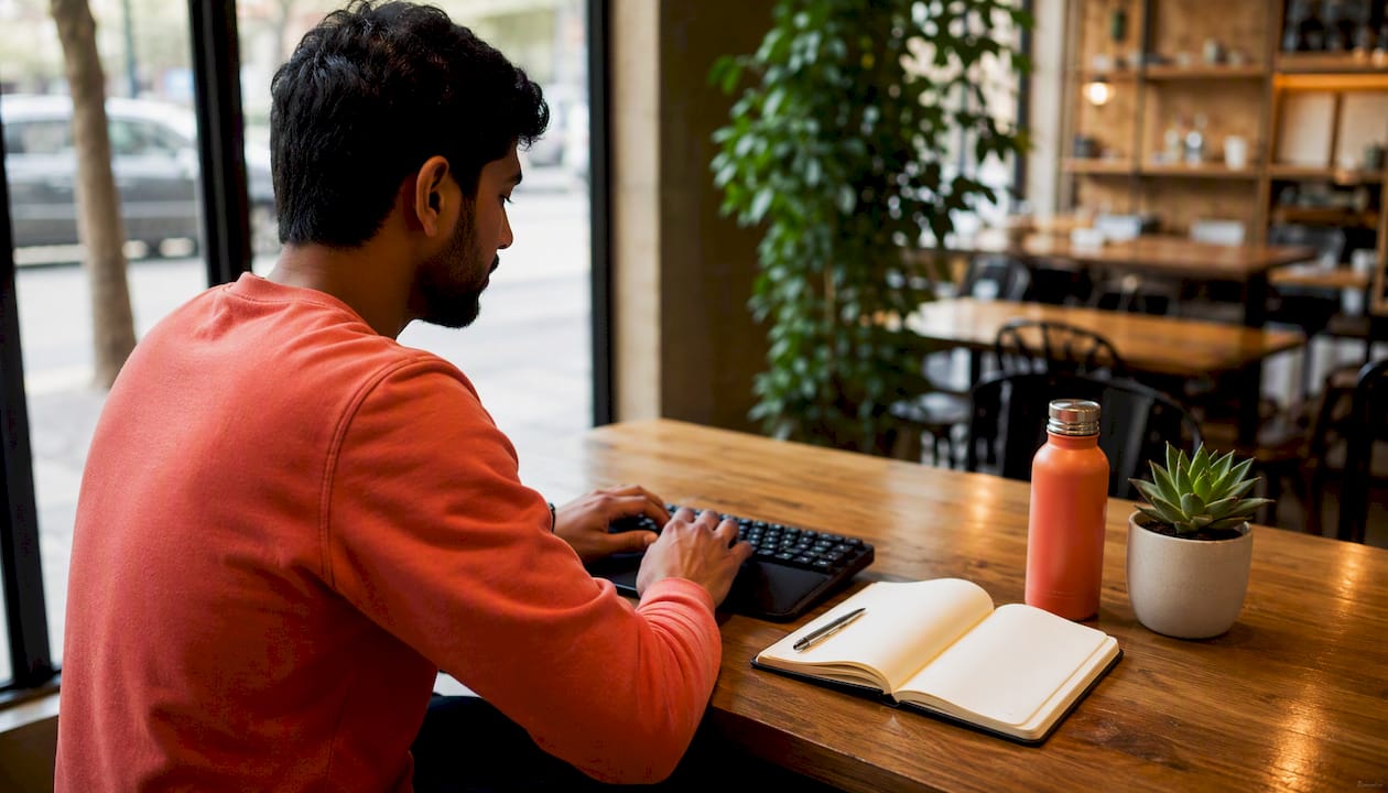 Hands typing on keyboard in modern office