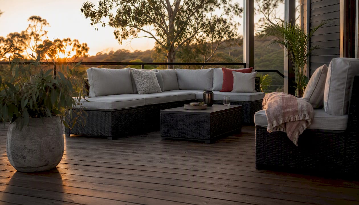 Close-up of Keter Mia resin lounge set on patio