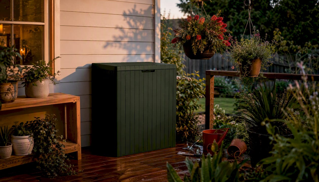 Keter vertical storage cabinet on balcony with plants