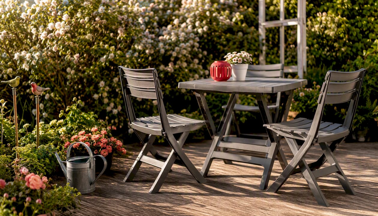 Folded Keter resin chairs on balcony