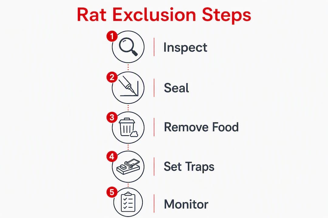 Infographic showing key steps to exclude rats from sheds