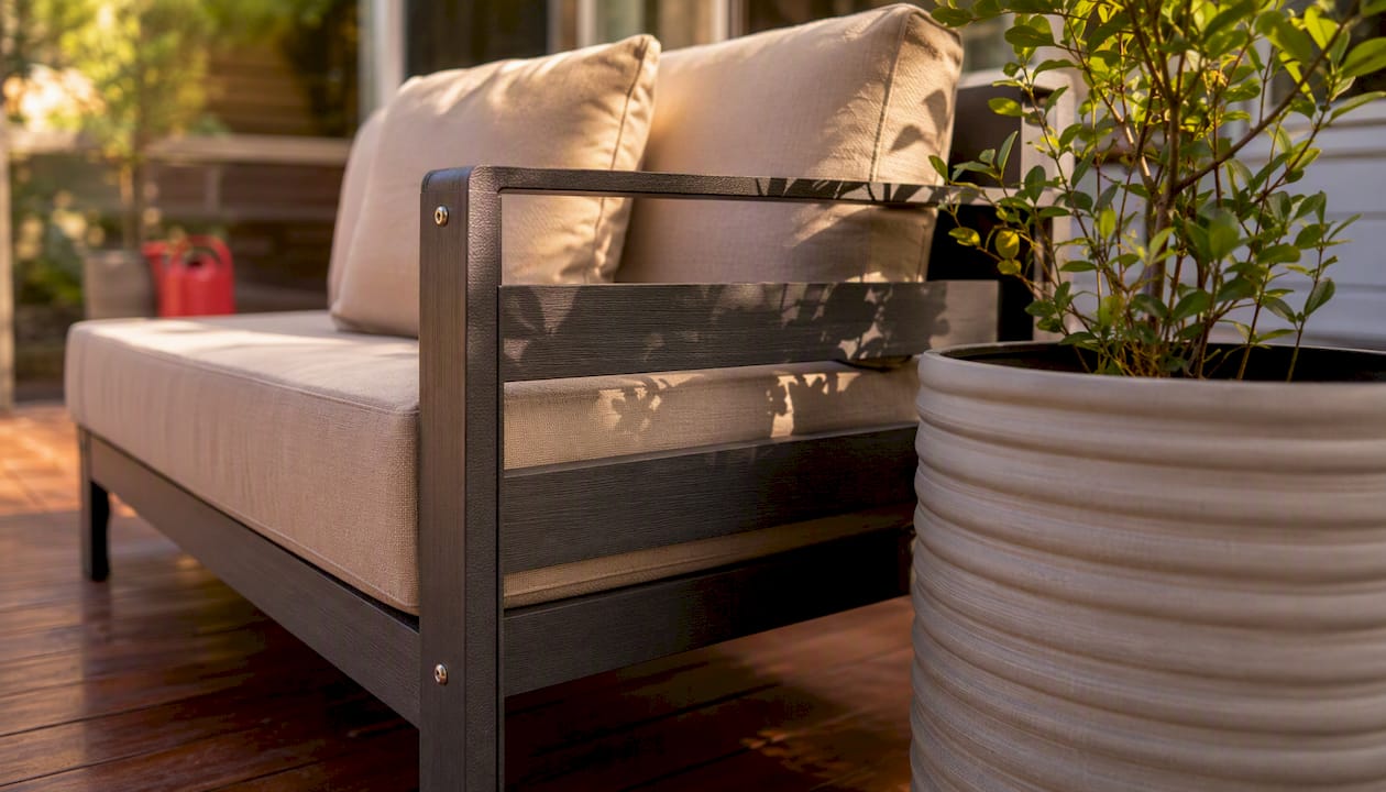 Close view of Keter Salta sofa showing resin and fasteners