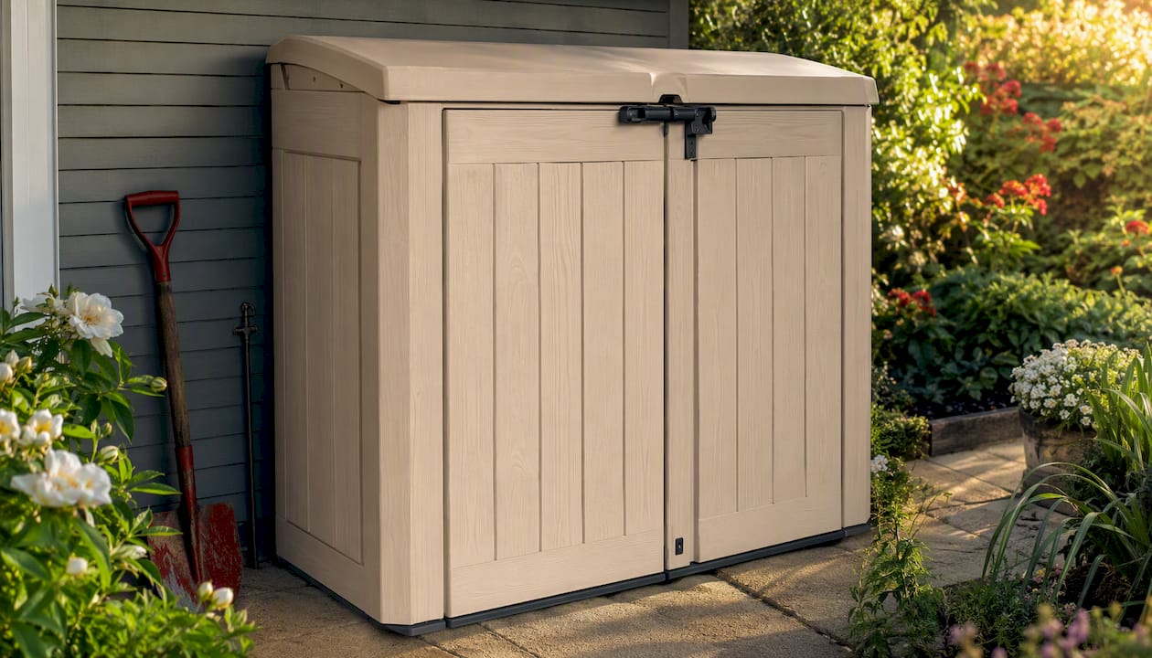 Keter outdoor shed showing recycled plastic weather-resistant material
