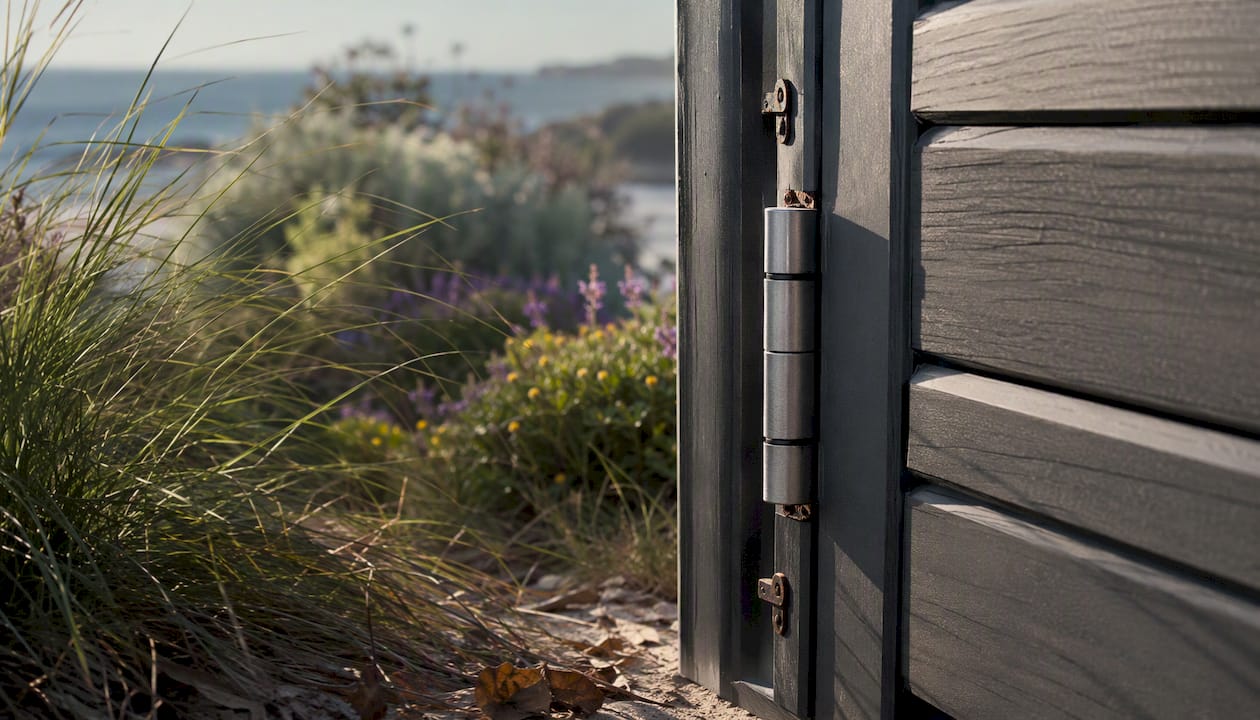 Close-up of resin shed door hinge in coastal environment