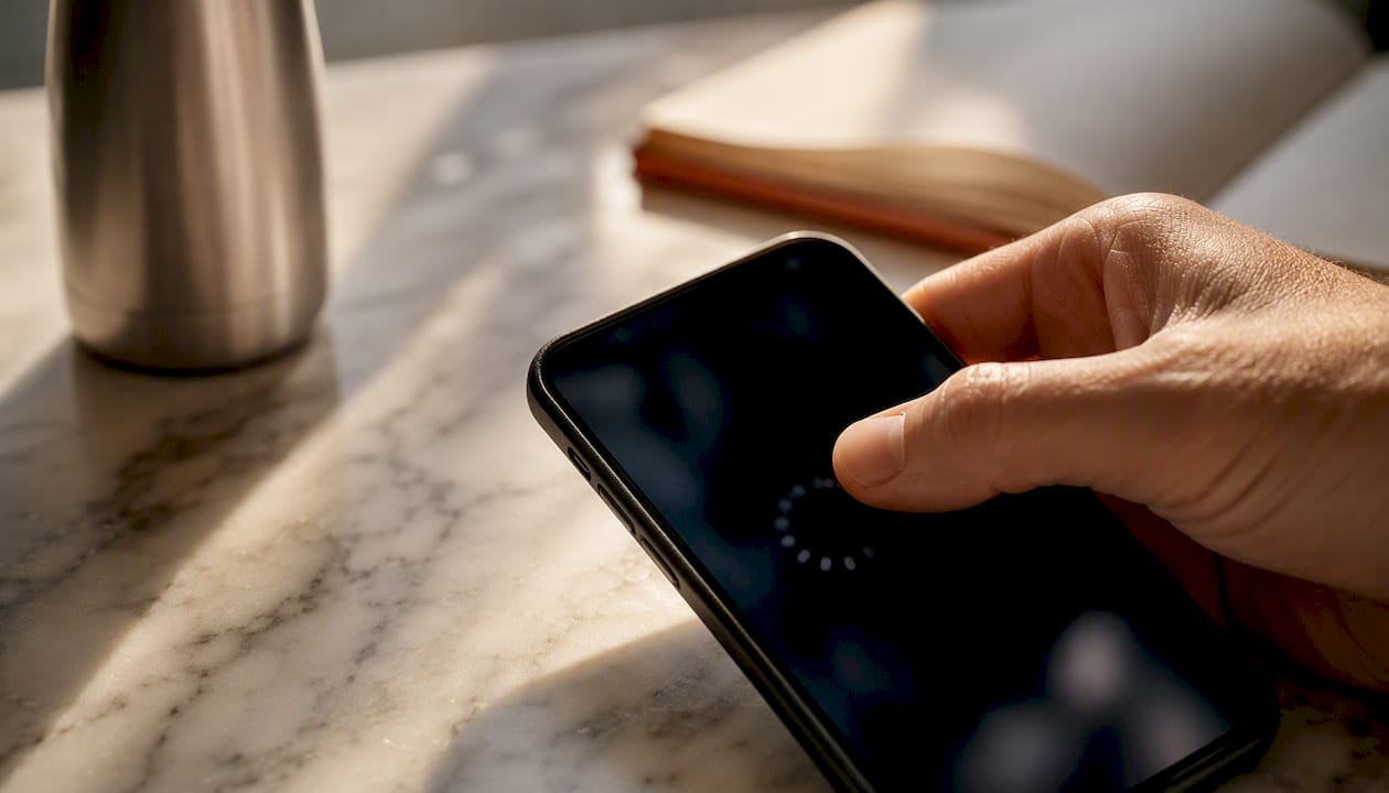Hand ready to tap smartphone with clear button area
