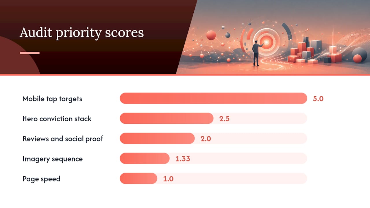 Diagram showing product page audit categories with impact and effort scores