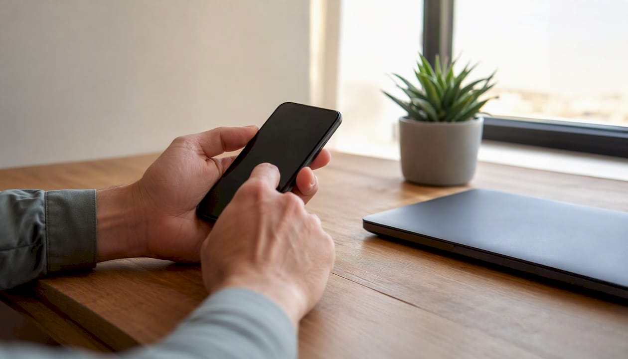 Hand poised to tap single question poll on smartphone