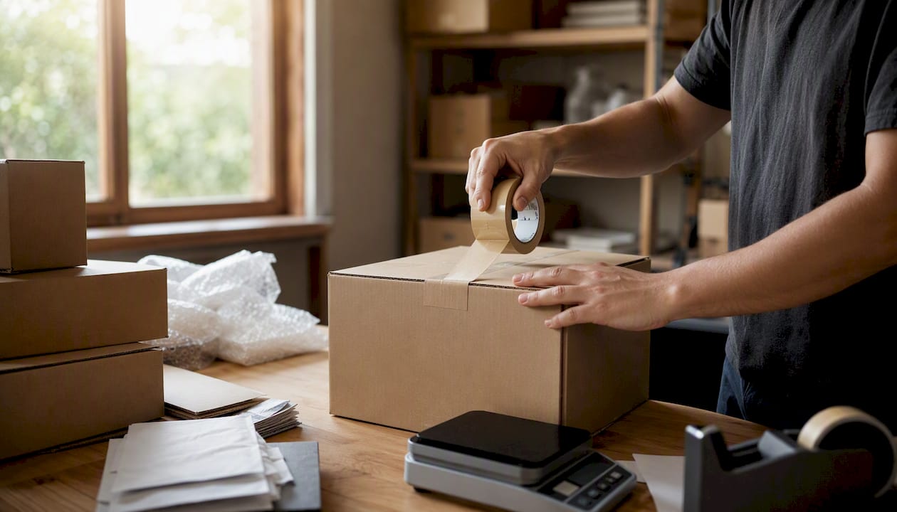Hands sealing ecommerce package for shipment