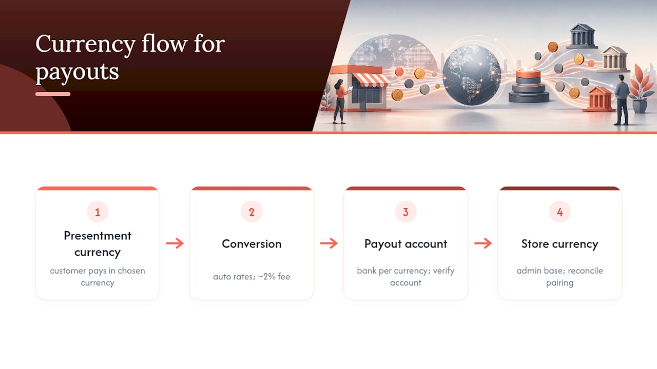 Diagram showing store, presentment and payout currencies