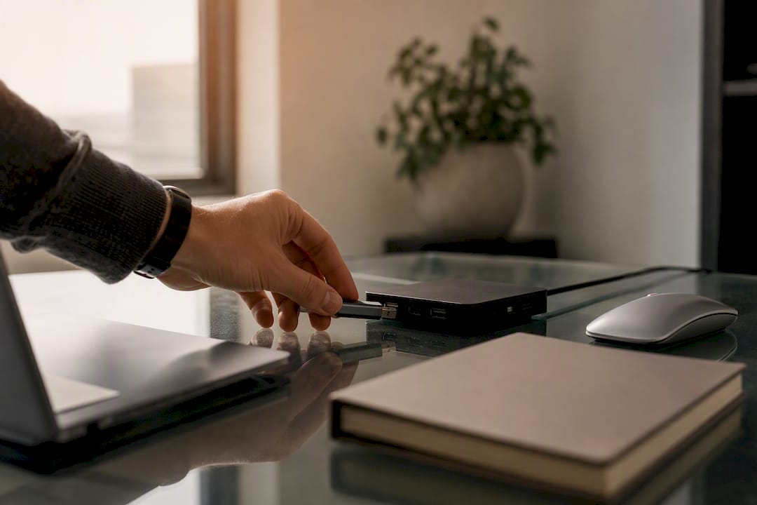 Hand plugging marketing device into hub