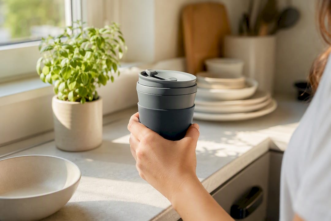 Hand holding reusable cup near marketing material