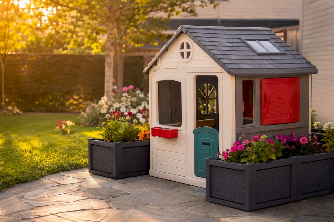 Plastic playhouse with planter ballast on pavers