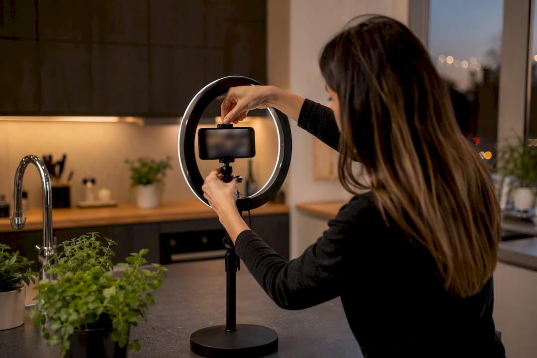 Content creator adjusting smartphone setup
