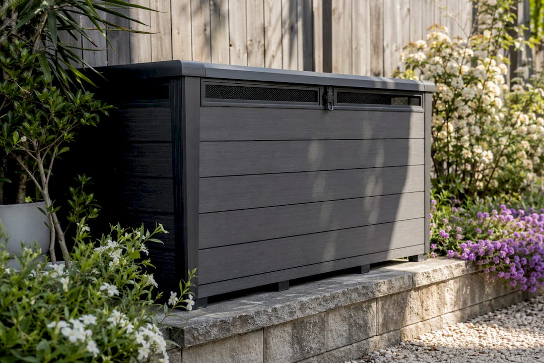 Raised resin storage base with insect mesh ventilation