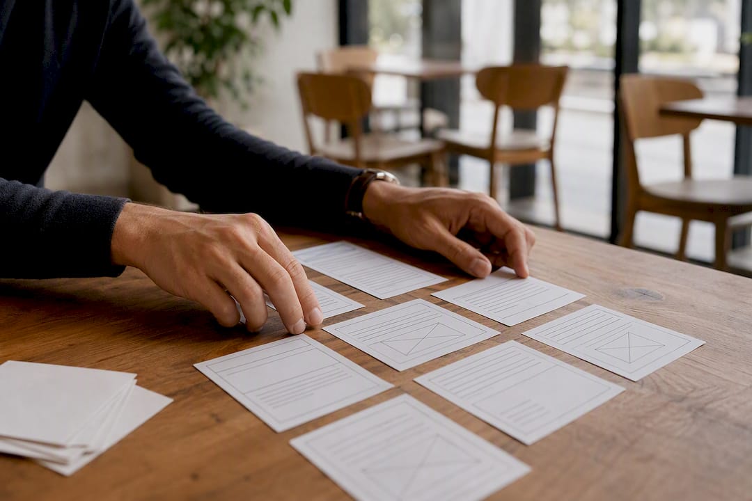 Hands optimizing landing page wireframe layout