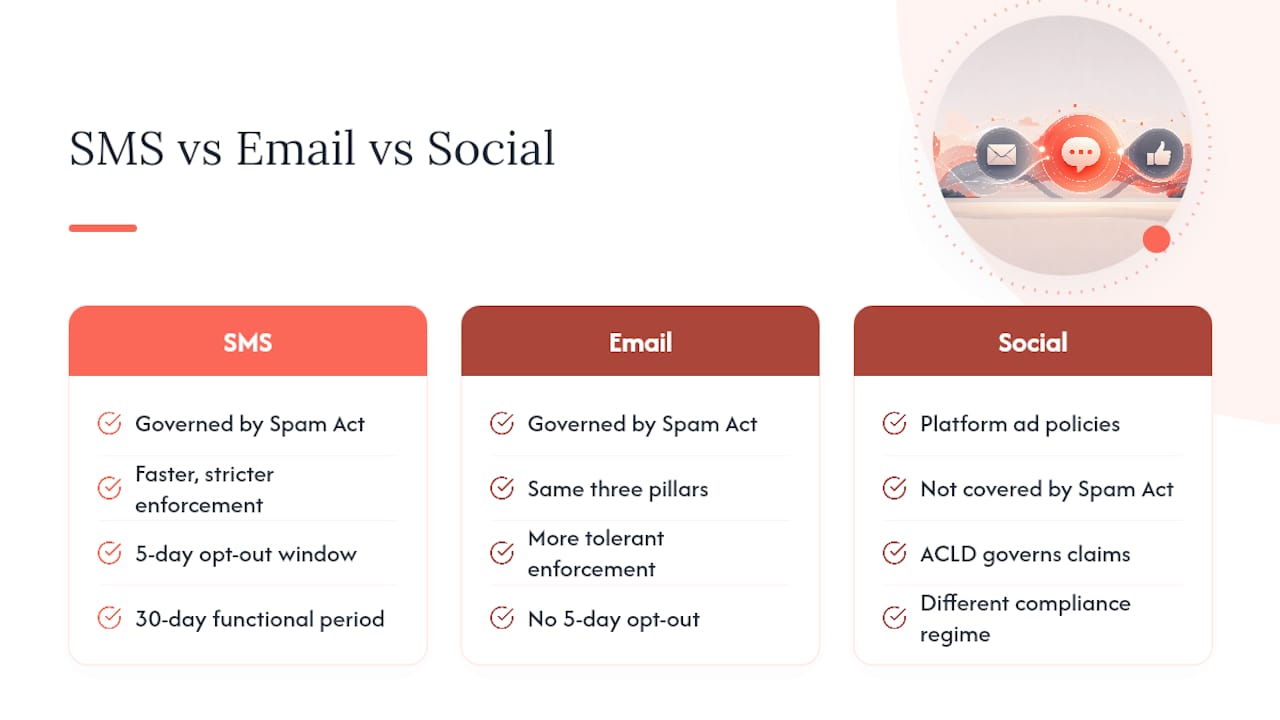 SMS compliance vs email and social media rules — overview diagram