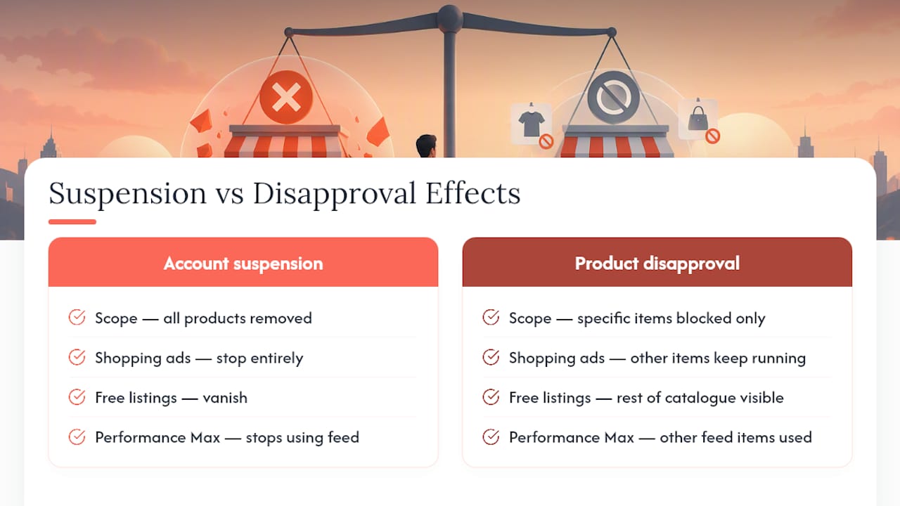 What a Merchant Center suspension actually does to your listings and ads — overview diagram