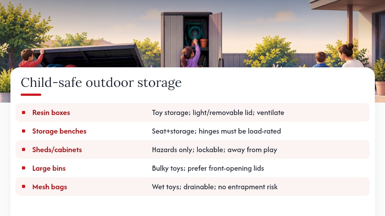 What counts as child safe outdoor storage? — overview diagram