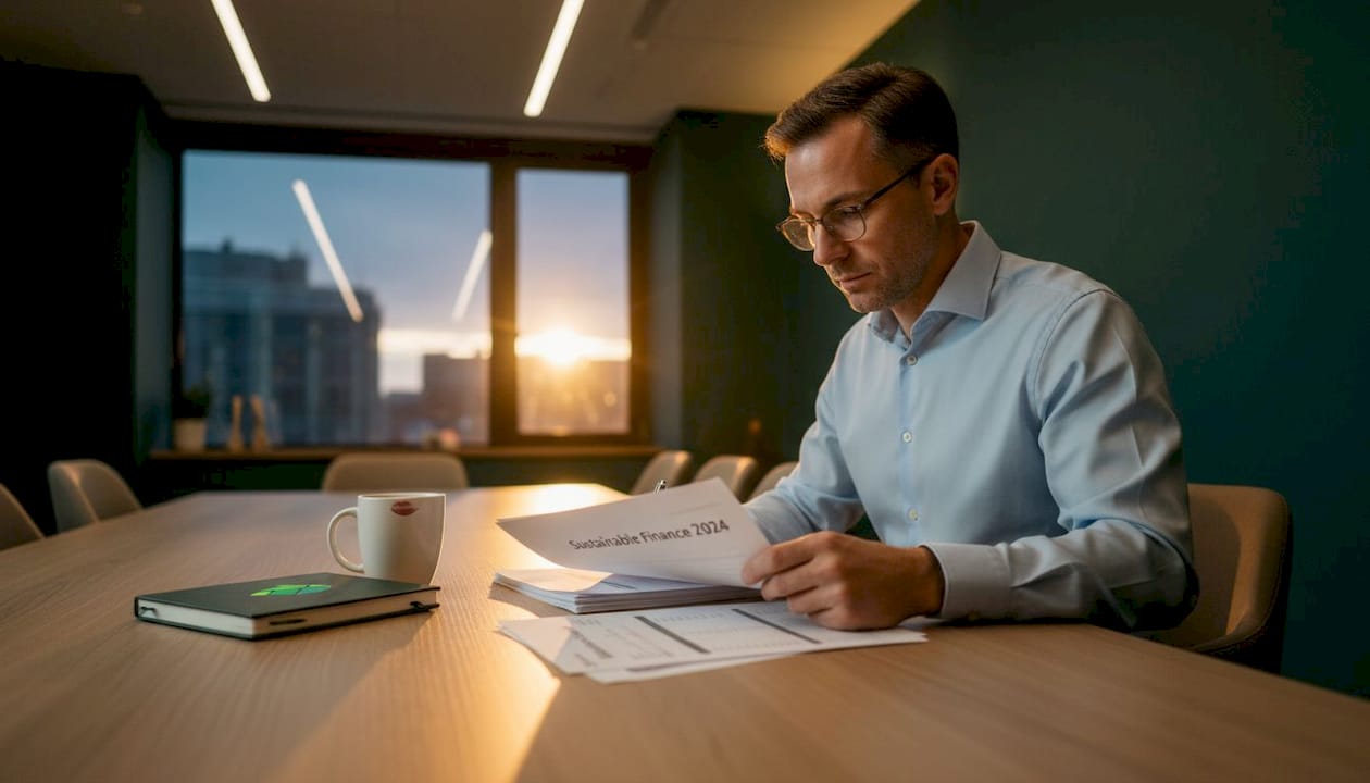 Financial analyst reading sustainable finance reports