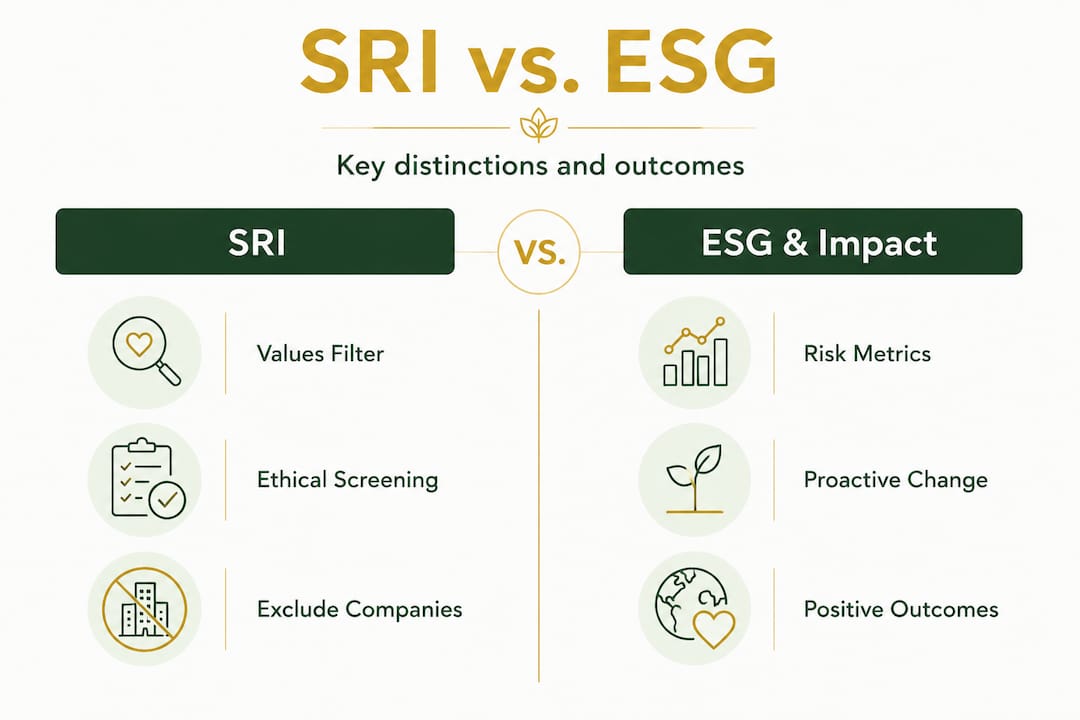 Infographic compares SRI, ESG, and impact investing approaches