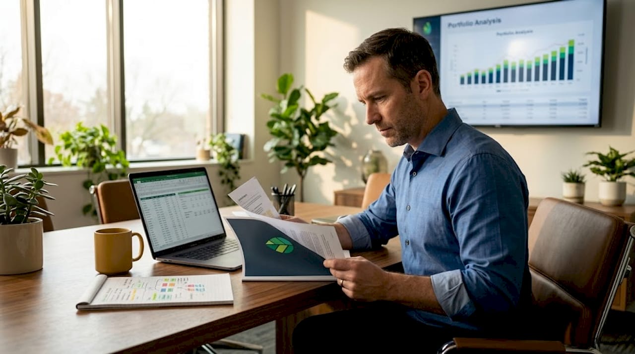 Analyst comparing several ESG reports at desk