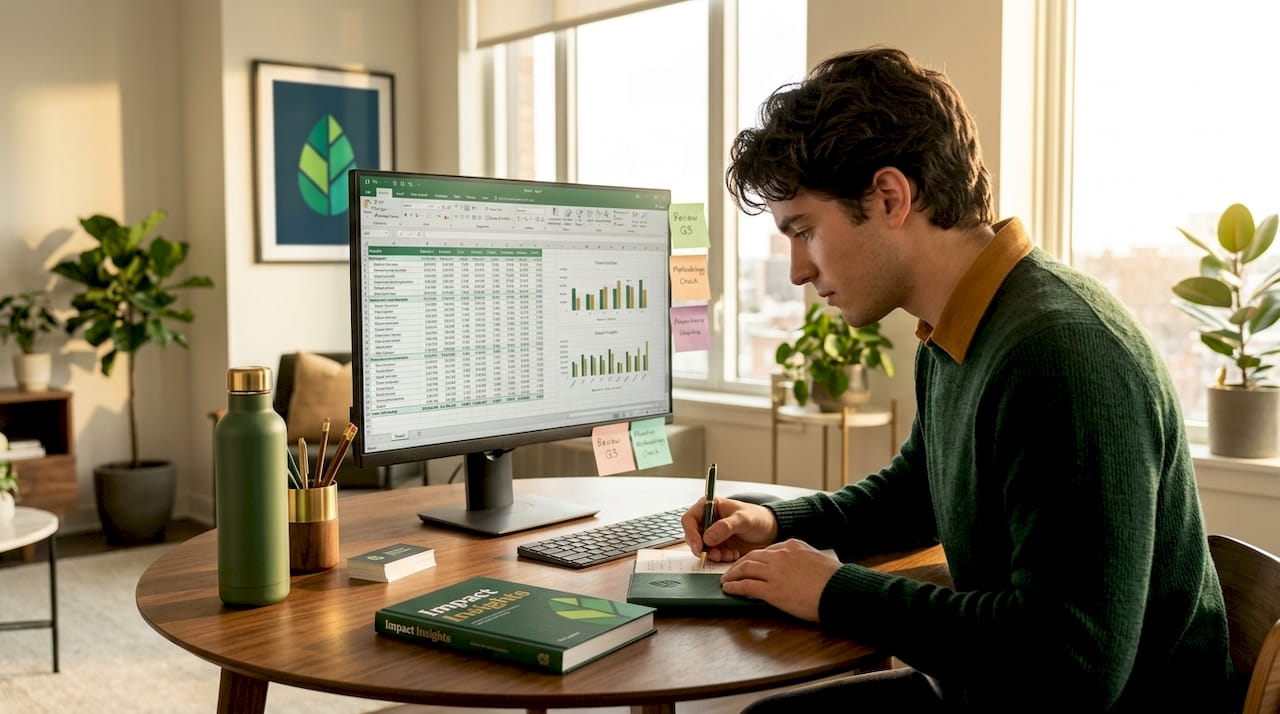 Analyst measuring impact at home office desk