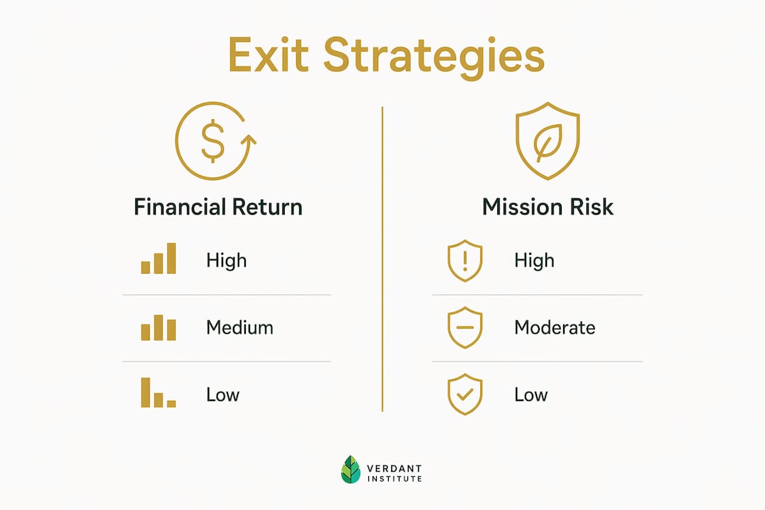 Infographic comparing financial return and mission risk of exit strategies