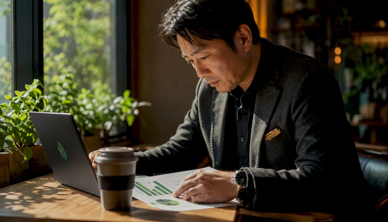 Professional reviewing green bond documents outdoors